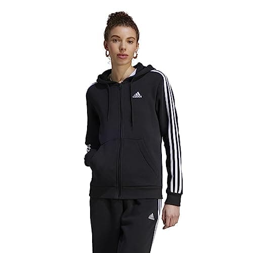 Image of adidas Womens 3-Stripes Fleece Full-Zip Sportswear Hoodie,Black/White,Small