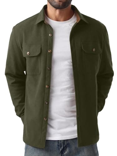 Image of QIXING Men's Fleece Lined Corduroy Shirt Button Down Long Sleeve Jacket Trucker Overshirt Autumn Winter Coats with Flap Pockets (Army Green, XXL)