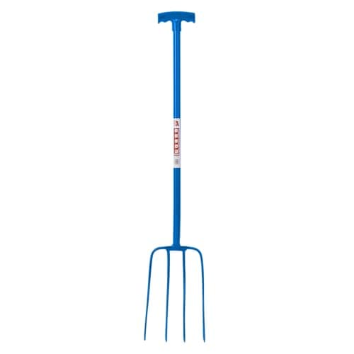 Image of Red Gorilla 4 Prong Manure Fork with T Handle Blue Lightweight For Stable Bedding Mucking Out Metal Pitchfork for Hay and Garden Compost 114cm Long