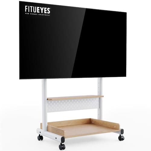 Image of FITUEYES TV Floor Stand on Wheels for 40-85" Screens, Rolling TV Stand Cart with Peg Board, Height Adjustable, Lockable Casters & Storage Shelf, Holds 60kgs, White & Oak, K Series