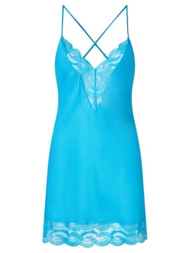Image of Ann Summers Adoration Chemise Satin Nightdress with Lace Trim and Plunge Neckline Ladies Nightdress with Adjustable Straps Chemise Nighties for Women, Flattering Womens Lingerie Nightwear Blue