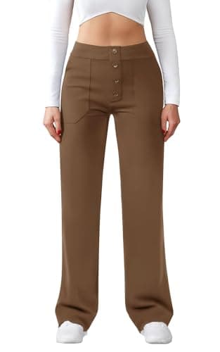 Image of Friptspyg Women's High Waist Wide Leg Trousers Button Straight Leg Trousers Casual Work Trousers Stretch Yoga Trousers with Pockets, Brown L