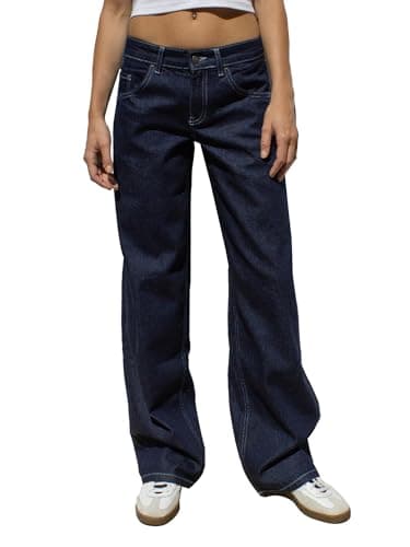 Image of SANSIWU Women High Waist Baggy Denim Pants Wide Leg Straight Trousers Ripped Boyfriends Jeans Y2k Streetwear Vintage Loose Pants (R-DEEP Blue, M)