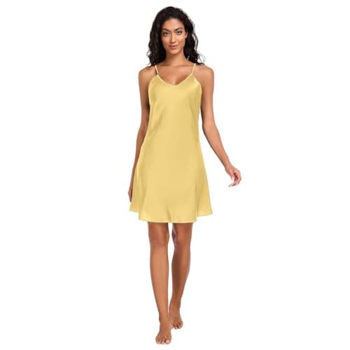 Image of RPLIFE Yellow Women's Satin Slip Dress, Adjustable Spaghetti Strap V Neck Summer Nightgowns for Women, S, Yellow (2), L