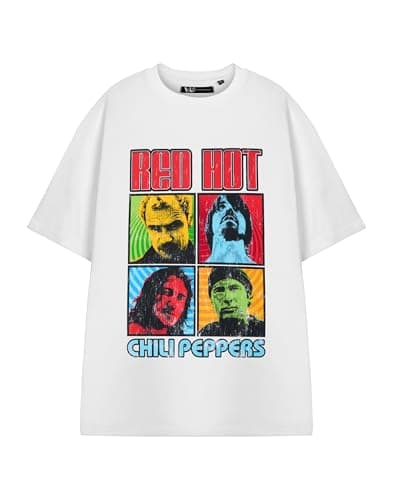 Image of Red Hot Chili Peppers Unisex White Squares Graphic Tee | Retro Short-Sleeved T-Shirt | Rock Band Logo Print Alternative Rock Apparel for Men Women