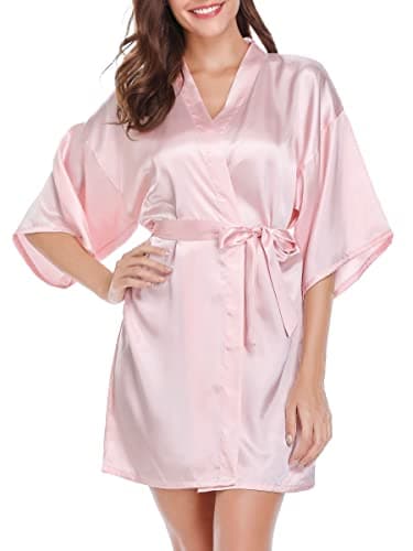 Image of Vlazom Women Kimono Robes Satin Dressing Gown Short BridalBridesmaid Robe Nightwear with Oblique V-Neck Pink, Pink, S(UK 6)