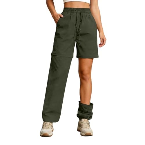Image of Womens Zip-Off Trousers Hiking Cargo Pants Convertible into Shorts Pockets Waterproof Sun Protection UPF 50+ Quick Dry Stretch Walking Lightweight Bottom Travel Fishing Running Camping Army Green L
