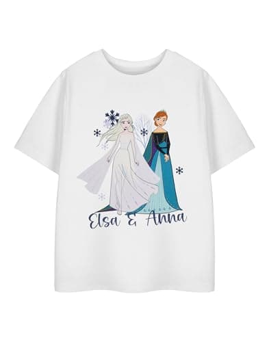 Image of Disney Frozen Elsa & Anna Girls White Short Sleeved T-Shirt Princess Graphic Tee with Snowflakes for Kids | Elsa Anna Movie Top | Frozen Character Apparel Merchandise Gift