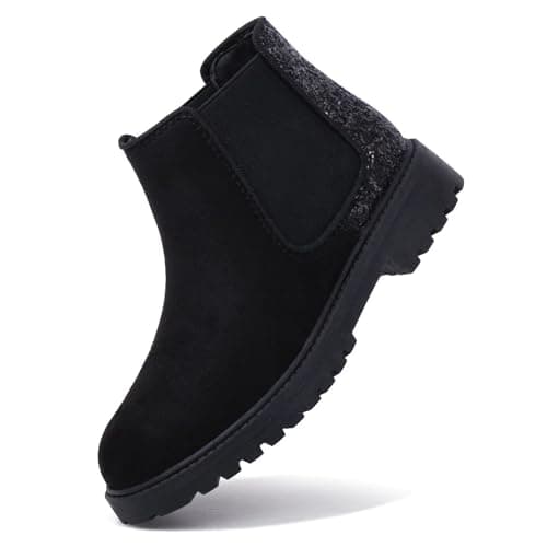 Image of Harvest Land Girls Boots Kids Ankle Boots Zipper School Shoes Elegant Big Kid Fashion Winter Boots Zip-up Short Flat Bootie for Junior/Yourth Glitter Black UK13
