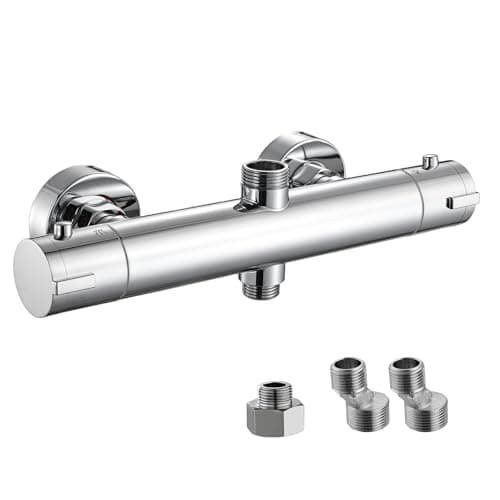 Image of Peppermint Thermostatic Shower Mixer Bar Valve Wall Mounted, Modern Chrome Thermostatic Shower Valve Round with Two Outlet, Hot & Cold Water Mixer Constant Temperature Control for Bathroom