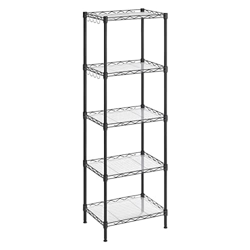 Image of SONGMICS 5-Tier Shelving Unit, Metal Kitchen Storage Shelves, with Adjustable Wire Shelves, PP Liners, 8 Hooks, for Living Room, Garage, 30 x 40 x 121 cm, Black LGR115B01