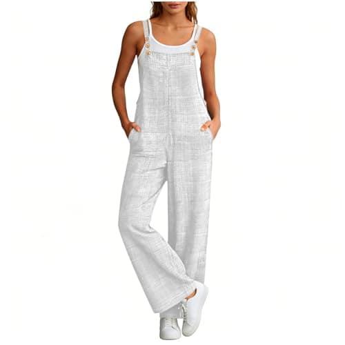 Image of Petite Jumpsuits, Playsuits for Women UK Summer Sleeveless Camisole Cotton Linen Jumpsuits Ladies Stretchy Wide Leg Baggy Dungarees with Pockets Casual Comfy Holiday Daily Wear White