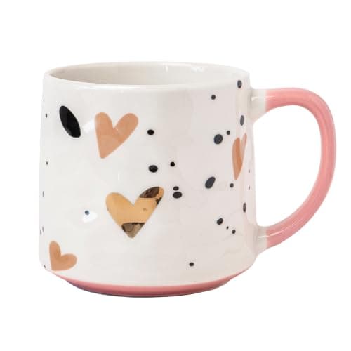 Image of Bone China Mug with Gold Heart 500ml Decal Luxury Ceramic Tea & Coffee Cup with Coloured Handle Gift Mug for Women, Valentine’s, Birthday or Everyday Use Assorted Colours (Pink)