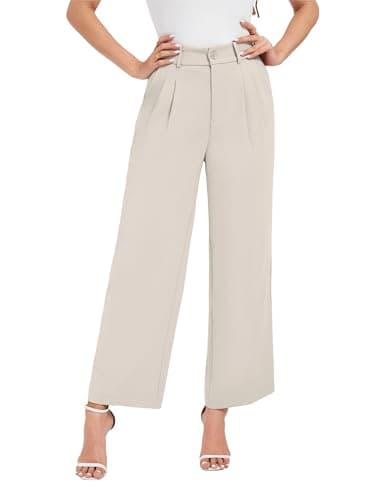 Image of Oyamiki Beige Trousers Women Office Casual Wide Leg Trousers with Pockets Petite High Waisted Palazzo Pants S