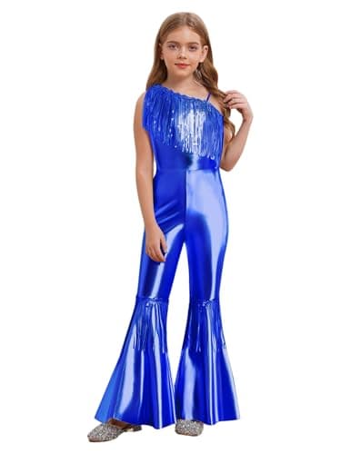 Image of Moggemol Girls Sparkly Metallic Jumpsuit Sequin Fringe Flare Leg Long Pants Romper Disco Dance Outfits Royal Blue 5-6 Years