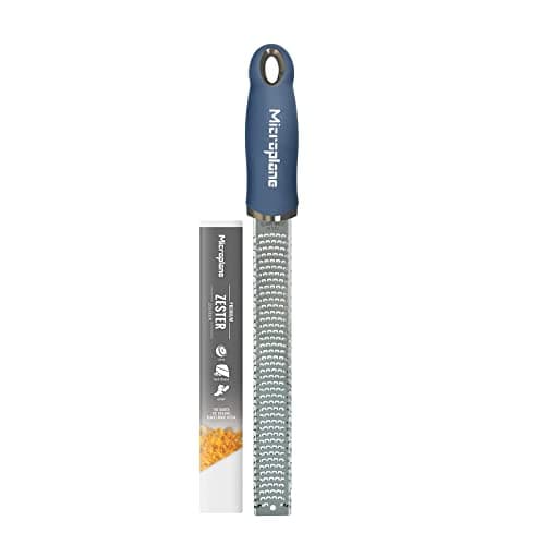 Image of Microplane Zester Grater in Denim Blue for Citrus Fruits, Hard Cheese, Ginger, Chocolate and Nutmeg with Fine Stainless Steel Blade - Made in USA