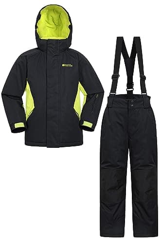 Image of Mountain Warehouse Kids Ski Jacket & Trousers Set - Snowproof Ski Outfit, Front Pockets, Fleece Lined Skiwear, Integrated Snowskirt - Best for Winter Snowboarding Black (01) Kids Size 7-8 Years