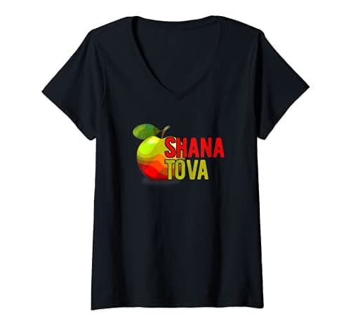 Image of Womens Shana Tova Rosh Hashanah Apple Jewish Holiday Meme V-Neck T-Shirt
