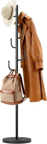 Image of MISSLO Heavy Duty Coat Rack Stand for Hallway Freestanding 4 Adjustable Size Clothes Stand with Stable Wood Base Hat Stand with 6 Hooks Standing Coat Jacket Hanger Hall Tree for Bedroom, Black