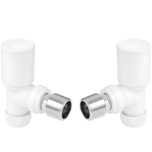 Image of VANCOCO 2Pcs Glossy White Angled 1/2"×15mm Towel Rail Valves, Round Head Manual Radiator Valves Compression Connection Pair for Central Heating Modern Bathroom