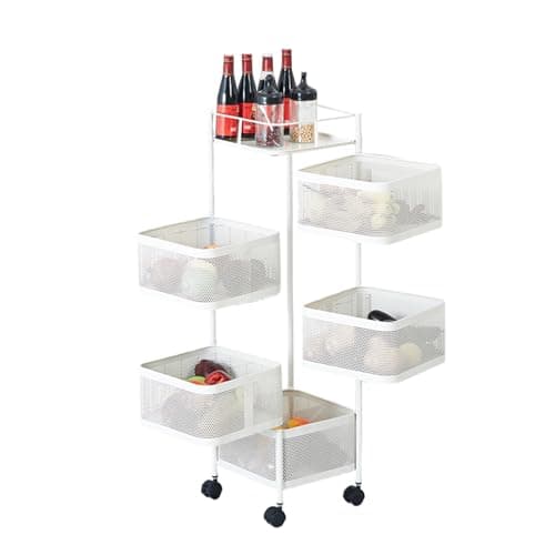 Image of 5 Tier Vegetable Rack 360 ° Rotating Storage Rack Shelves Kitchen Storage Trolley On Wheels Movable Square Metal Mesh Potato/Vegetable/Fruit Baskets for Kitchens Living Room Bathroom, White