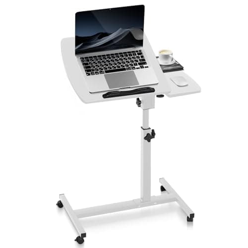 Image of Warmiehomy Height Adjustable Rolling Laptop Desk, Overbed Table with 2 Tilting Desktops, Mobile Standing Desk Sofa Side Table for Home, Office, Hospital, White