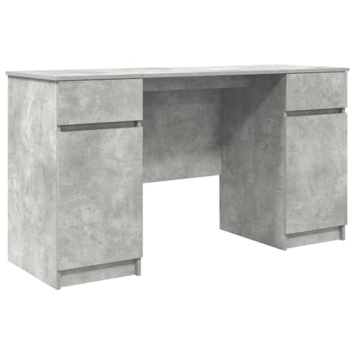 Image of RCODSSK Minimalist Writing Desk with Drawer, Concrete Grey 140 x 49 x 76 cm Engineered Wood, Modern Home Office Workspace with Shelves and Hinged Doors