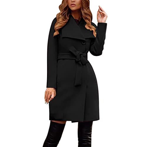 Image of Women's Casual Elegant Lapel Collar Solid Color Wool Wrap Coat with Belt, black, M