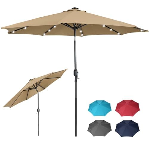 Image of Panana 2.7m Garden Parasol with 24 Solar LED Lights, Tilting Patio Umbrella with Crank Handle, UV Protection Sun Shade Market Parasol for Garden, Deck, Pool & Terrace (Khaki)