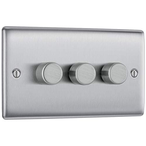 Image of BG Electrical Intelligent Triple Wall Dimmer Switch, 2 Way, Raised Profile, Round Edges, Nexus Metal, Brushed Steel, 200W, NBS83
