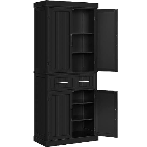 Image of Yaheetech Tall Kitchen Pantry Cupboard, 183.5cm Freestanding Storage Cabinet with Drawer, 4 Doors, 2 Adjustable Shelves for Home Dining Living Room, Black