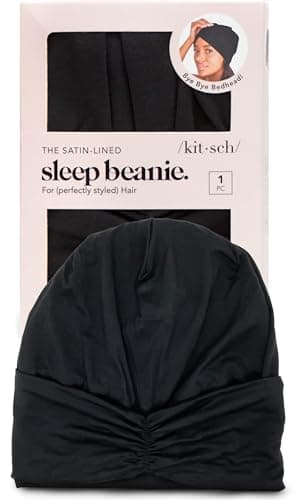 Image of Kitsch Satin Lined Beanie - Softer than Silk Beanie For Sleeping Women, Breathable Hair Cover for Sleeping, Slouchy Beanies, Bonnets for Women, Hair Wrap, Reduce Breakage for Frizz-free Hairs - Black