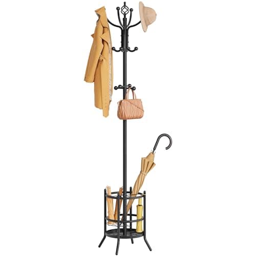 Image of Tajsoon Coat Rack Stand with Umbrella Holder, Coat Tree Freestanding with 16 Hooks, Coat Hangers Stand for Living Room, Bedroom, Office, Black