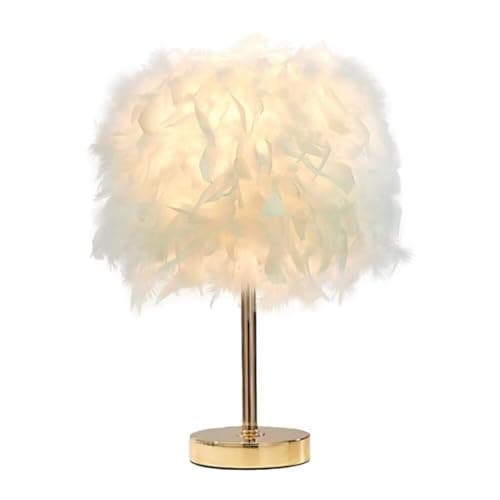 Image of GUANSHAN White Feather Table Lamp Bedside Lamp with Gold Base Romantic Feather Lampshade Night Light for Bedroom, Home Decoration, Photography Props