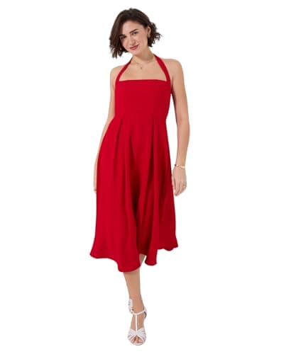 Image of Joe Browns Women's Halter Neck Midi Dress with Pleated Skirt, Regular, Red, UK 18