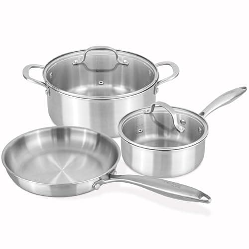 Image of 5pcs Stainless Steel Cookware Set – Induction Hob Pots and Pans Non Stick – 24cm Casserole with lid, 18cm Saucepan with Lid & 24cm Frying pan – by Nuovva
