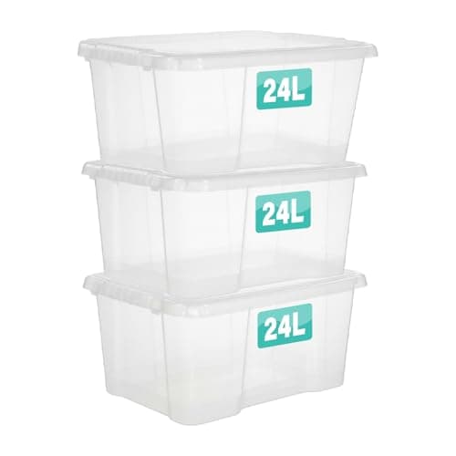 Image of 3 x 24 Litre Clear Plastic Storage Boxes With Lids Set of 3, Transparent Multipurpose Nestable Stackable Plastic Box With Lid Containers For Home, Kitchen, Garage, Office, Accessories