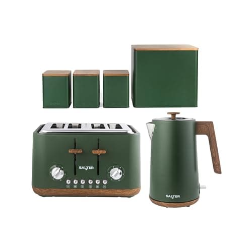 Image of Salter Toronto Green Toaster, Kettle & Countertop Set – 4-Slice 1630W Toaster with 6 Browning Levels & Wide Slots, 1.7L 3kW Rapid Boil Kettle with Limescale Filter, Carbon Steel Bread Bin & Canisters