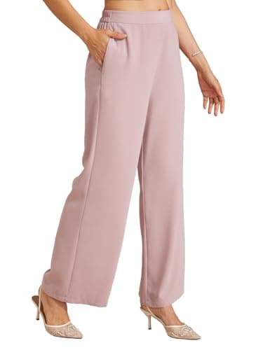 Image of ORAULISA Women's Wide Leg Palazzo Pant Business Dressy Casual Work Dress Pants Flowy Loose Slacks Trousers with Pockets, Blush Pink, Large