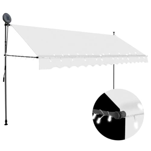 Image of 'vidaXL Cream Manual Retractable Awning with LED - Outdoor Weather- Polyester Canopy with PU Coating and Adjustable Design - Ideal for Terrace, Balcony or Garden
