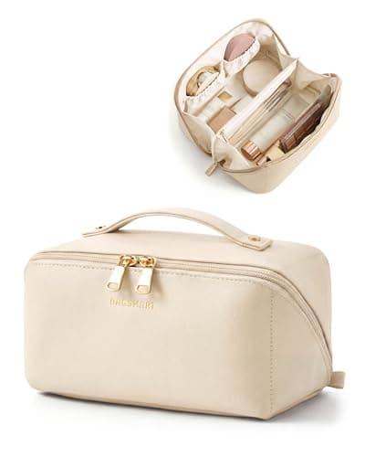 Image of BAGSMART Travel Makeup Bag, Flat Lay Make Up Case, PU Leather Waterpoof Cosmetic Organiser with Clear Pocket for Brushes, Small Toiletry Bag with Handle, Essential for Women, Beige