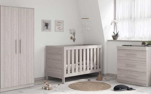 Image of Little Acorns Amalfi 3 Piece Nursery Furniture Set, Grey Ash, Cot Bed with Wardrobe and Dresser, Baby Changing Station
