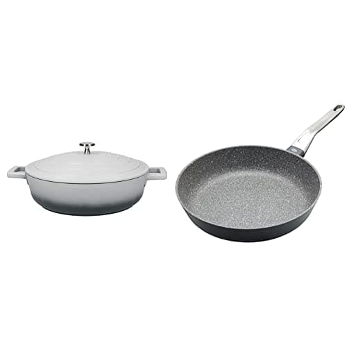 Image of MasterClass MCMSCRD28GRY Shallow Casserole Dish with Lid, Lightweight Cast Aluminium, Ombre Grey, 4 Litre/28 cm & MCMFP28 Cast Aluminium Induction-Safe Non-Stick Frying Pan, 28 cm (11"), Grey