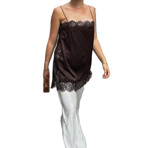 Image of RUINIXCW Women Satin Lace Camisole Top Square Neck Sleeveless Spaghetti Strap Silk Cami Top Y2k Backless Going Out Camisole (Brown, S)