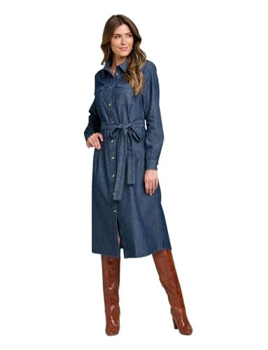 Image of Amber Ladies Denim Midi Dress, Button-Through Long Sleeve Style with Detachable Belt & Chest Pockets | 100% Cotton Indigo 10