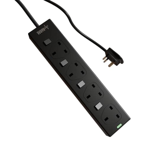 Image of rhinocables - 4 Gang Individually Switched Mains Extension Lead | Surge Protected Power Strip | Wall Mountable | BS1363/A Compliant, Black, 1m, Plastic