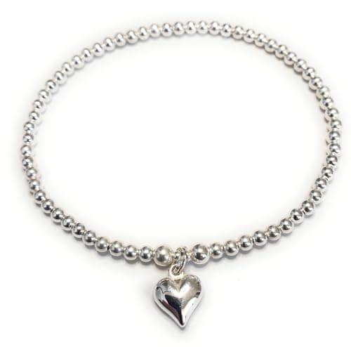 Image of Sterling Silver 925 Beaded Stretch Puff Heart Charm Bracelet