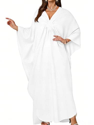 Image of florynova Kaftan Dresses for Women Ladies Swimwear V Neck Kaftans Summer Beach Cover Up Boho Maxi Dress(White)