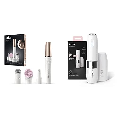 Image of Braun FaceSpa Face Epilator with Facial Cleansing Brush Head, SE912, White/Bronze & Braun Face Mini Hair Remover, Facial Hair Remover for Women, FS1000, White