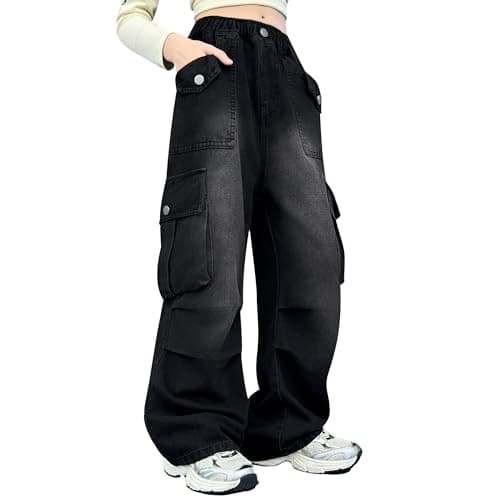 Image of Rolanko Girls Baggy Cargo Jeans, Elastic High Waist Wide Leg Trousers Y2K Denim Pants with Multi Pockets, Black Denim, 13-15 Years, 170